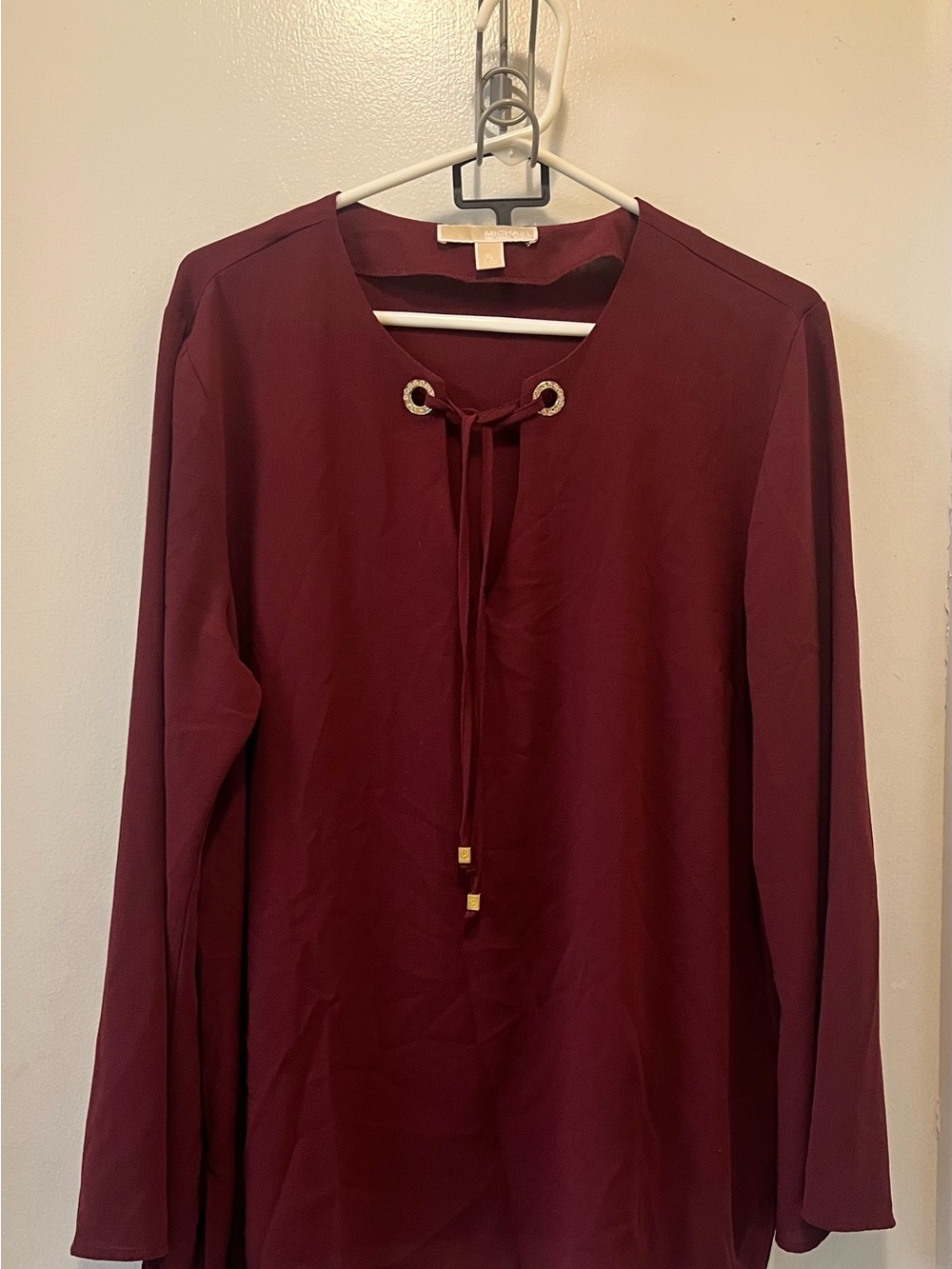 Michael Kors Burgundy Long Sleeve Tie-Neck Shirt